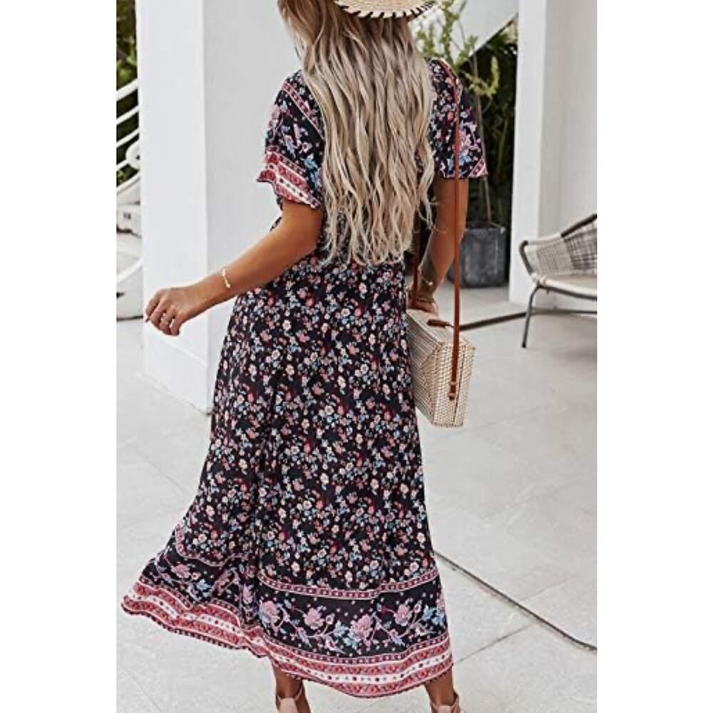 ✨BOHO Floral Maxi Dress XL black pink blue Short sleeve Festival Beachwear - Picture 3 of 6